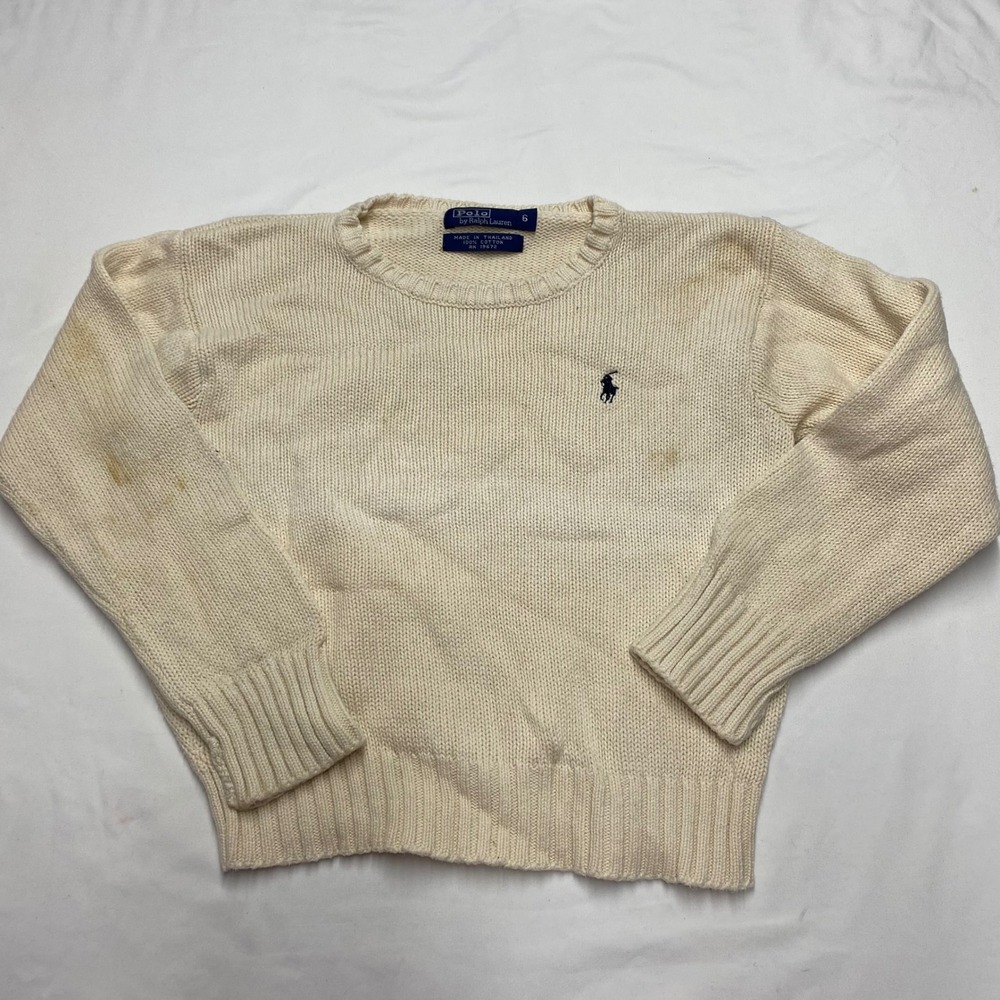 Polo Ralph Lauren Boys Cream Cotton Knit Crew Neck Sweater Size 6 Pony Logo